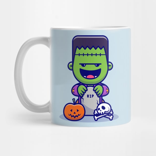 Cute Frankenstein laughing With Tombstones, Skulls, and  Pumpkin Halloween Cartoon by Catalyst Labs